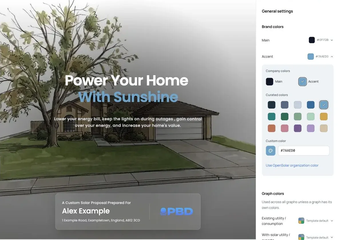 Open accent color picker with Sky selected and With Sunshine changed to matching blue in the live proposal