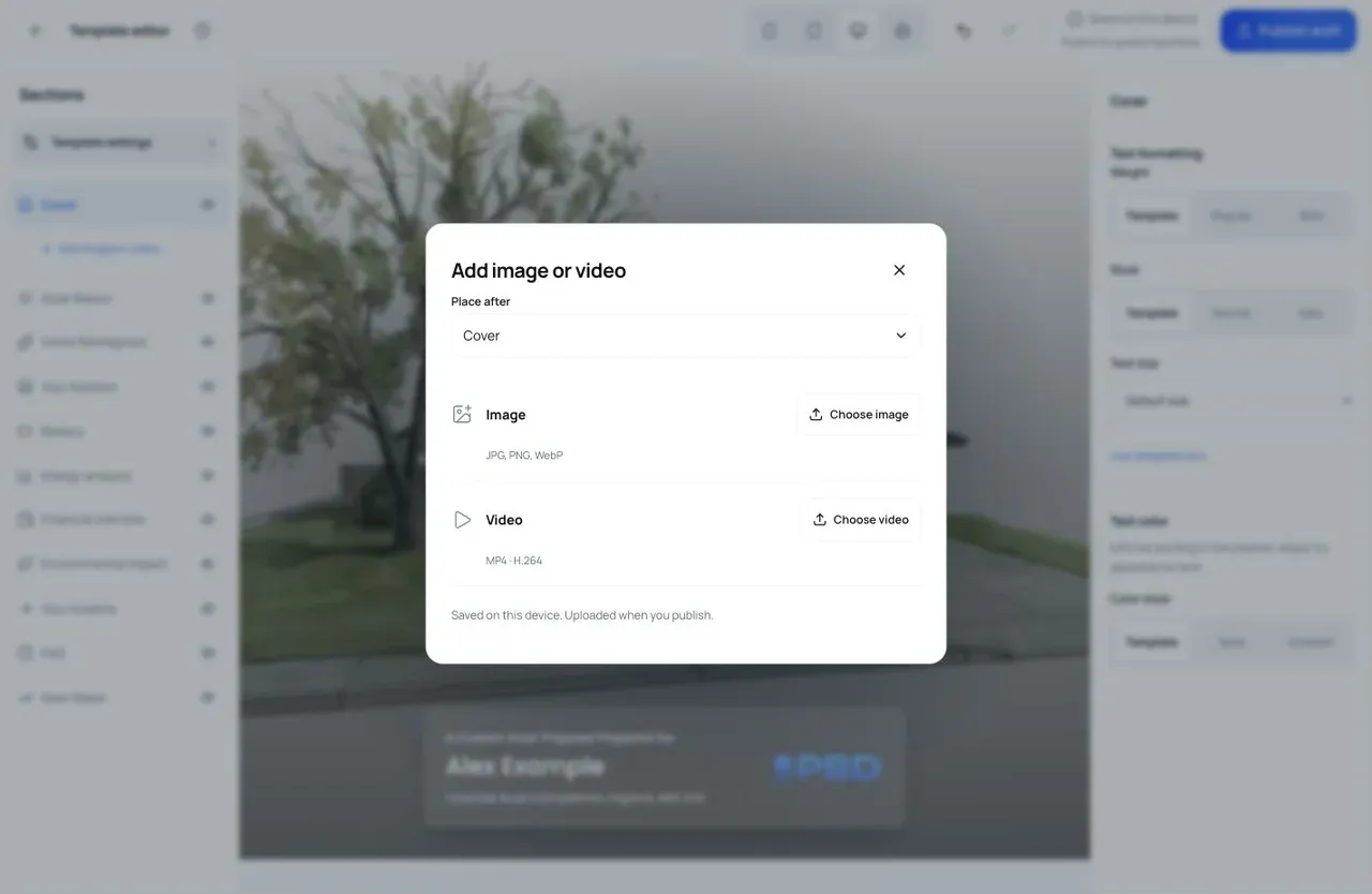 Add image or video dialog with placement and upload options in the template editor